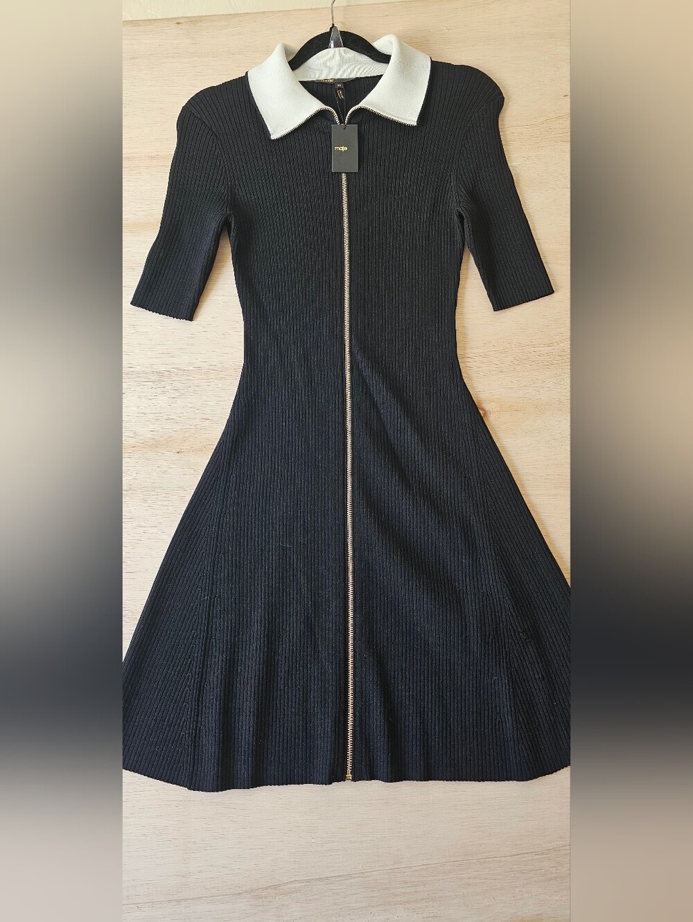 NWT Maje Black Ribbed Knit Mini Dress White Collar Zip Front FR 38 US M